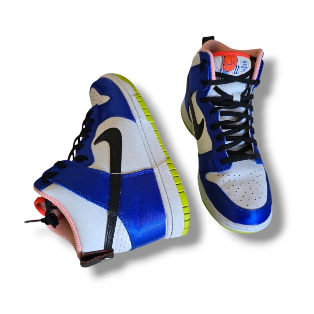 NIKE Women's Dunk High Blue Satin & Leather Sneakers - Picture 9 of 16